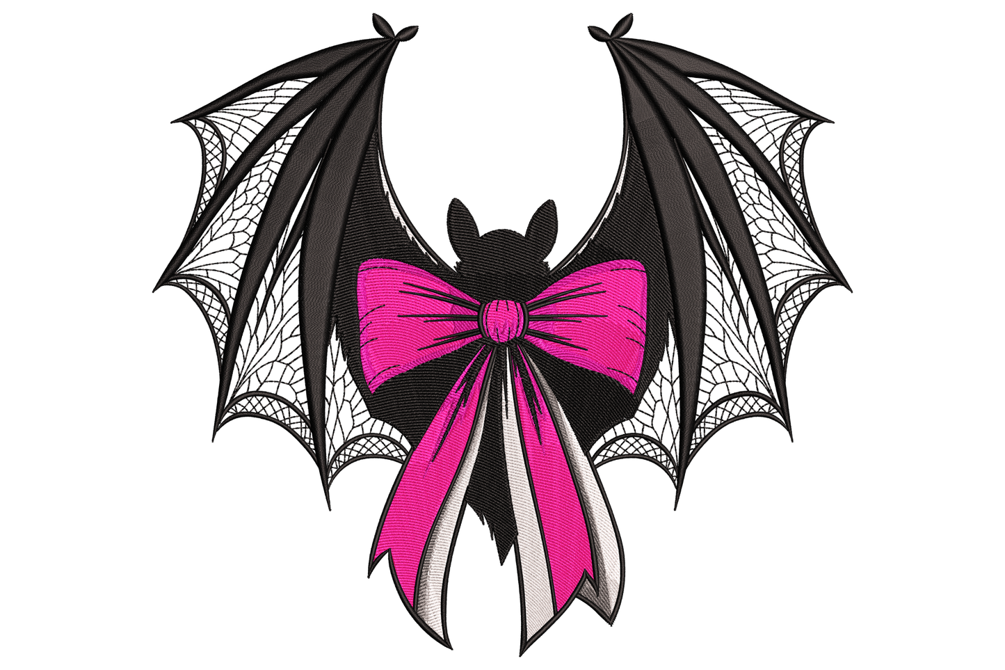Gothic bat bow machine embroidery design, wide-winged bat with decorative ribbon bow, five colours, dark purple and black satin fill, gothic-chic style.