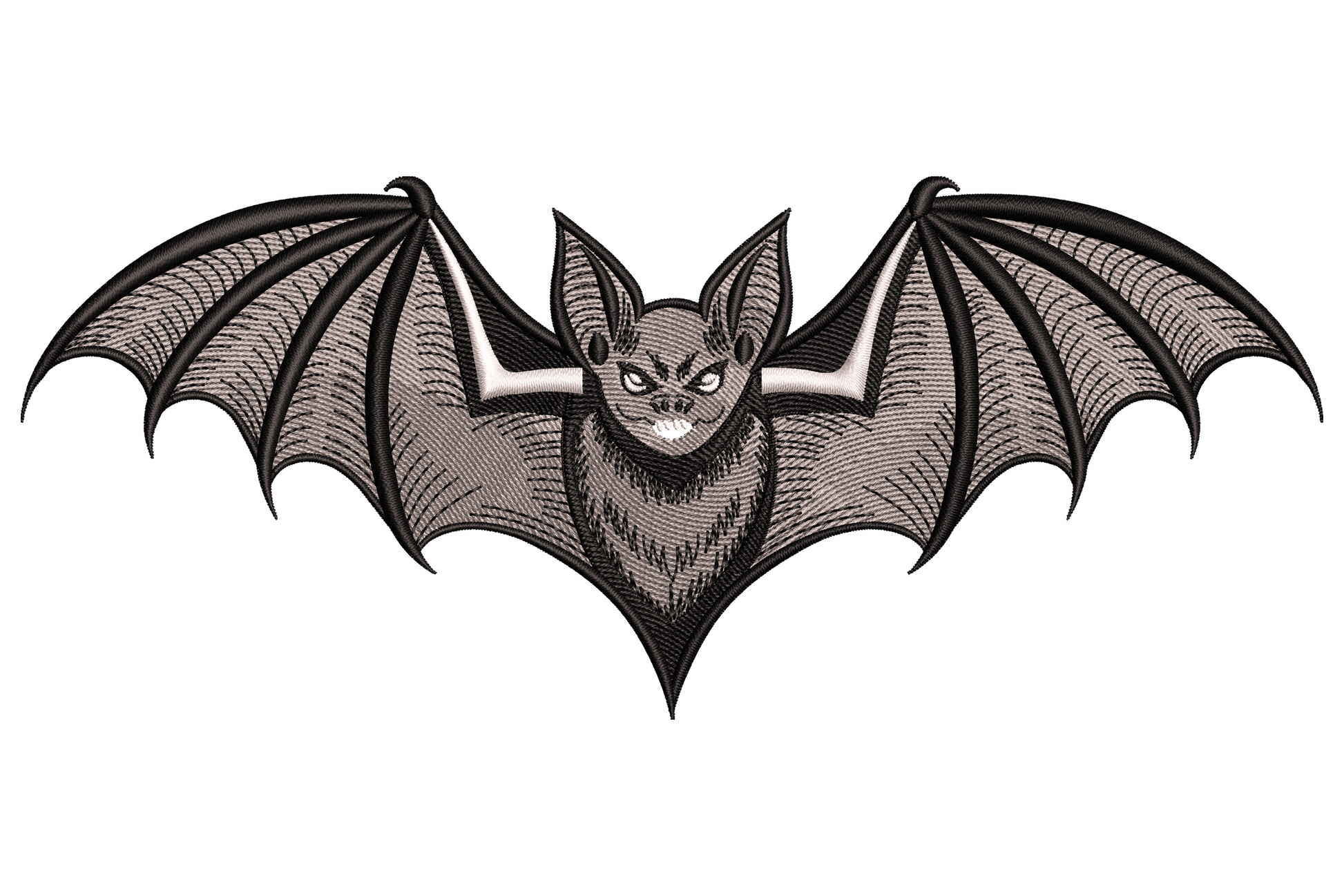 Gothic bat embroidery design with fully spread wings, angular tips and membrane detail, 3 thread colours in black and contrast tones, 3.5 inches wide low-profile silhouette.