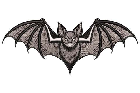 Gothic bat embroidery design with fully spread wings, angular tips and membrane detail, 3 thread colours in black and contrast tones, 3.5 inches wide low-profile silhouette.