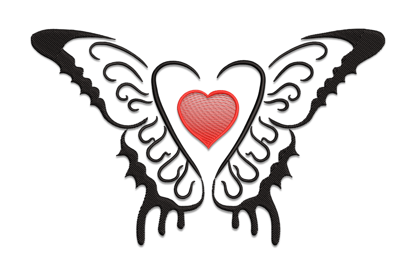 Gothic butterfly heart machine embroidery, butterfly wings forming a heart shape, black and burgundy, 5 sizes 2.15 to 4.6 inches wide