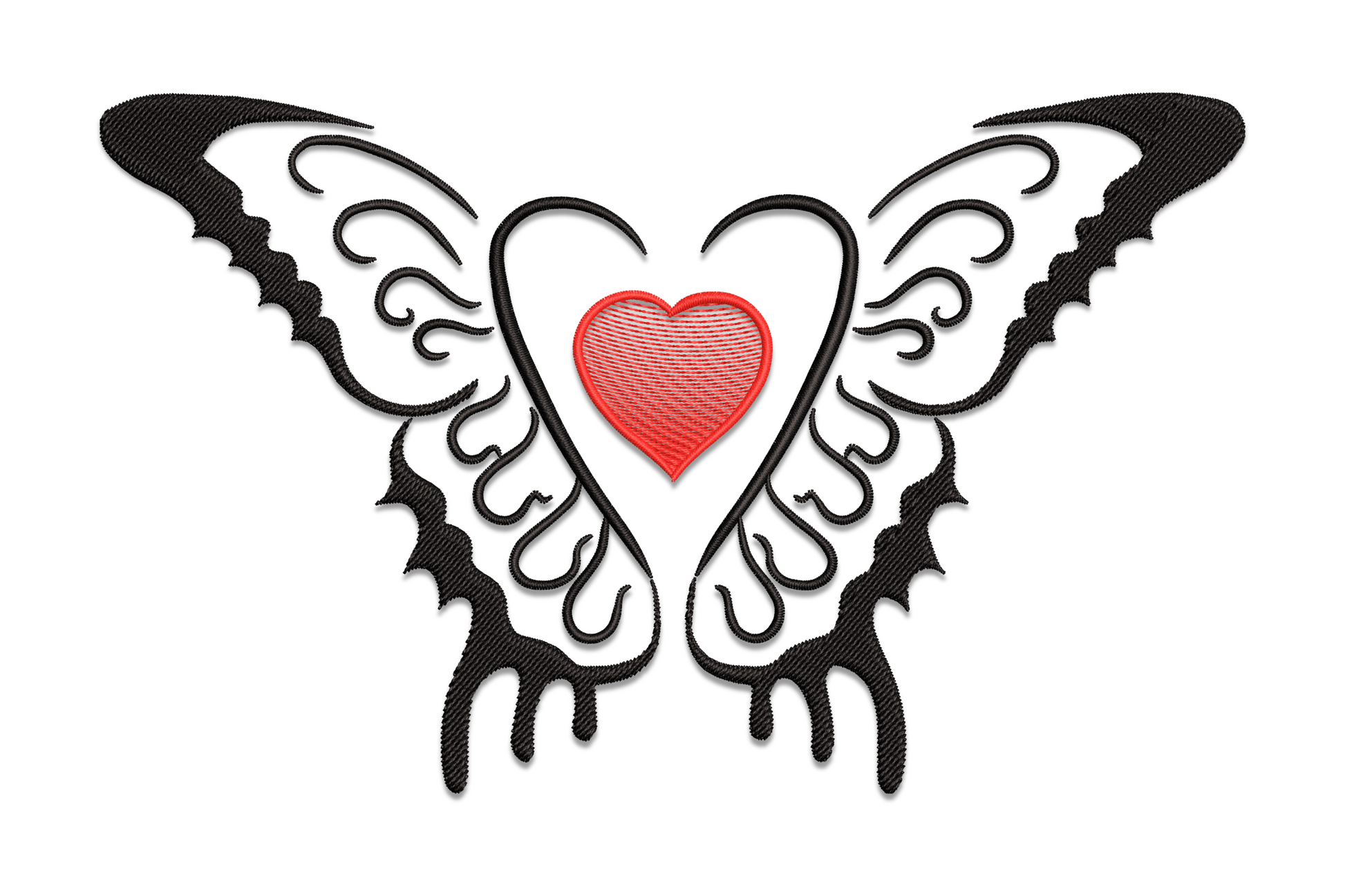 Gothic butterfly heart machine embroidery, butterfly wings forming a heart shape, black and burgundy, 5 sizes 2.15 to 4.6 inches wide
