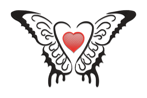 Gothic butterfly heart machine embroidery, butterfly wings forming a heart shape, black and burgundy, 5 sizes 2.15 to 4.6 inches wide