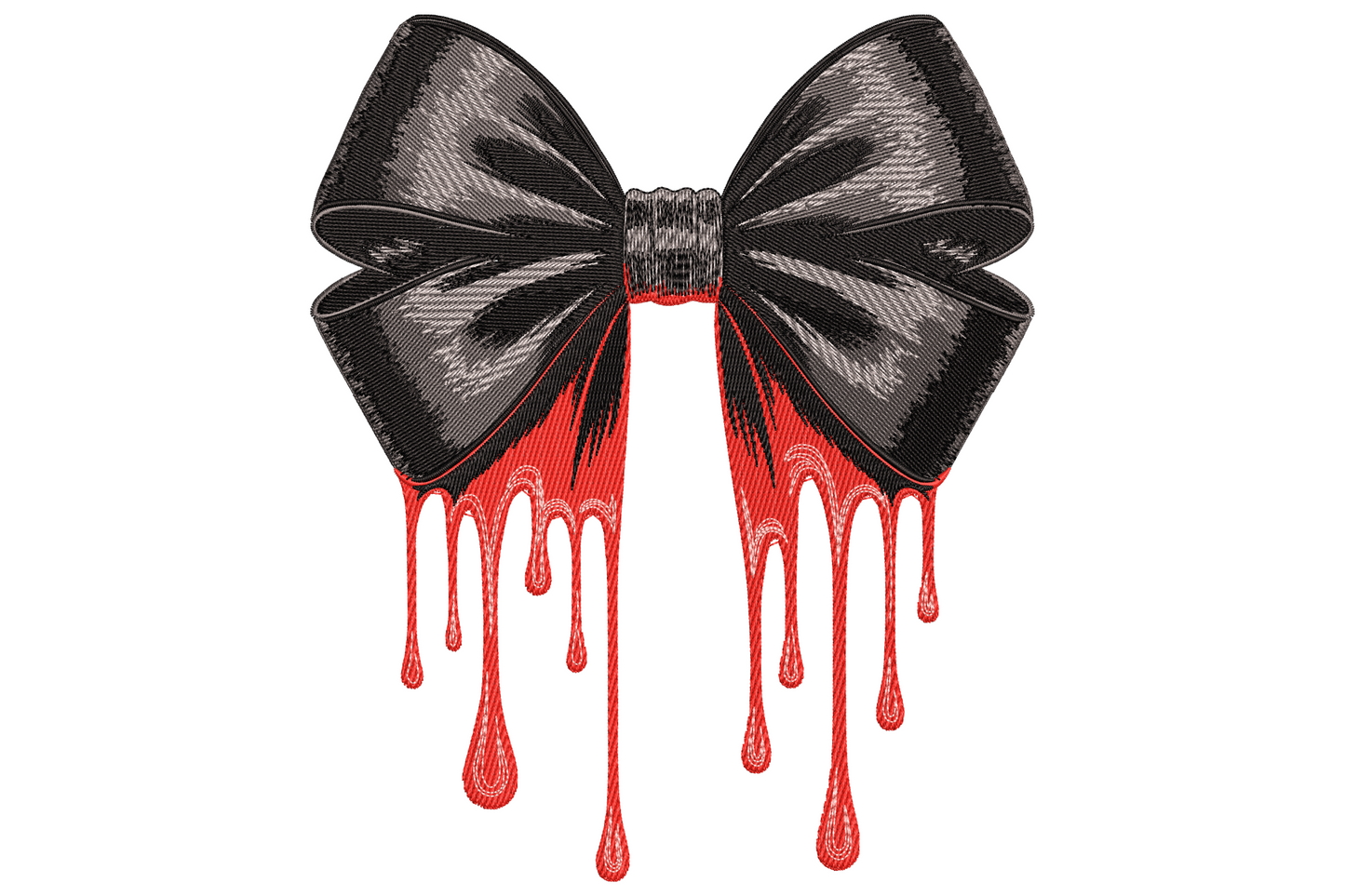 Gothic dripping bow embroidery design showing a ribbon bow with horror drip tails in black crimson purple grey and cream on white background.