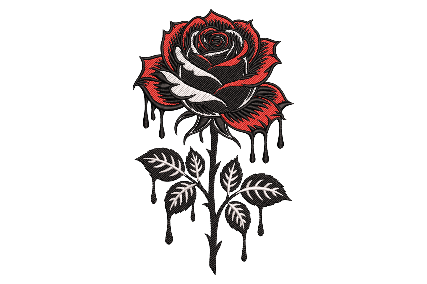 Gothic dripping rose embroidery design with deep red petals bleeding red streaks downward and grey thorny leaves in tattoo style
