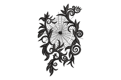 Gothic floral spider web machine embroidery design in single black thread with ornate vine border, shown on white fabric background, 6 sizes from 2.5 to 7.5 inches