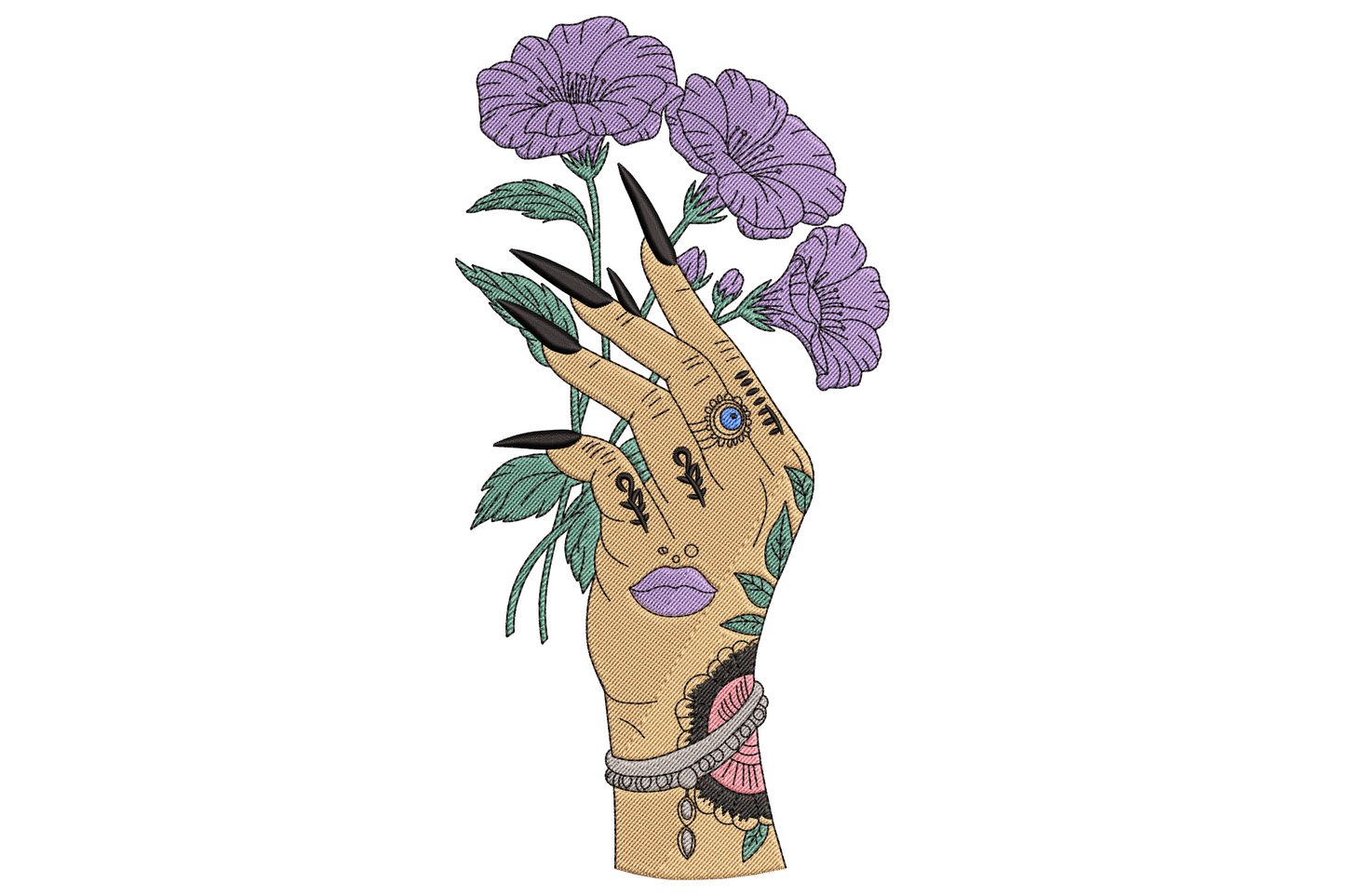 Gothic tattooed hand embroidery holding purple poppies, long black nails, occult symbols and silver bracelet.