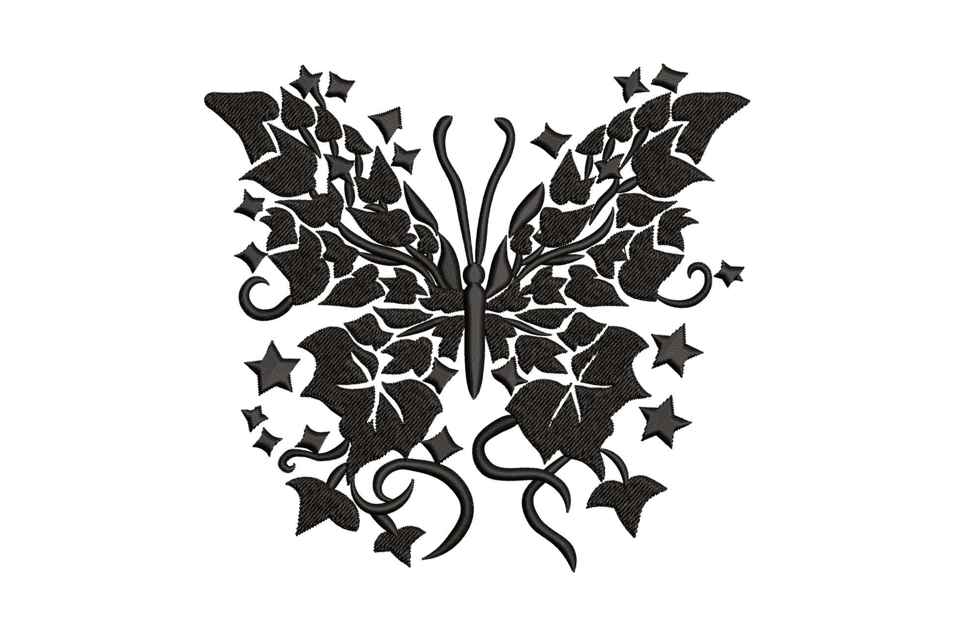 Gothic ivy butterfly silhouette embroidery design, black butterfly wings filled with dense ivy leaves, pointed stars and curling vine tendrils