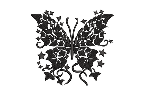 Gothic ivy butterfly silhouette embroidery design, black butterfly wings filled with dense ivy leaves, pointed stars and curling vine tendrils