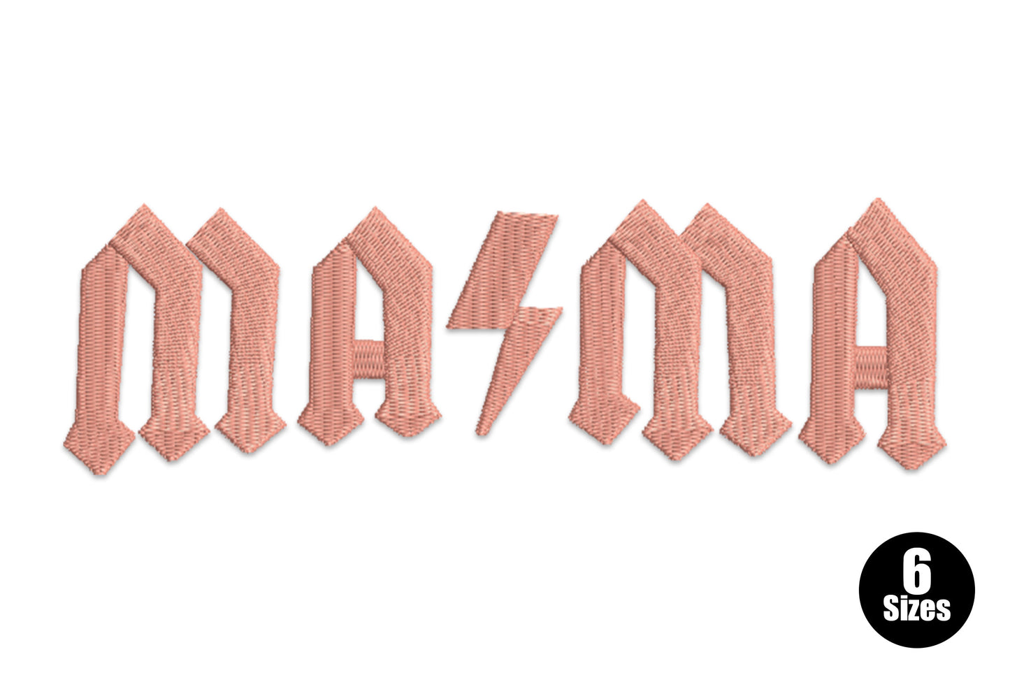Gothic mama text with lightning bolt embroidery, blackletter typography, 6 sizes 0.95 to 2.52 inches wide, single colour