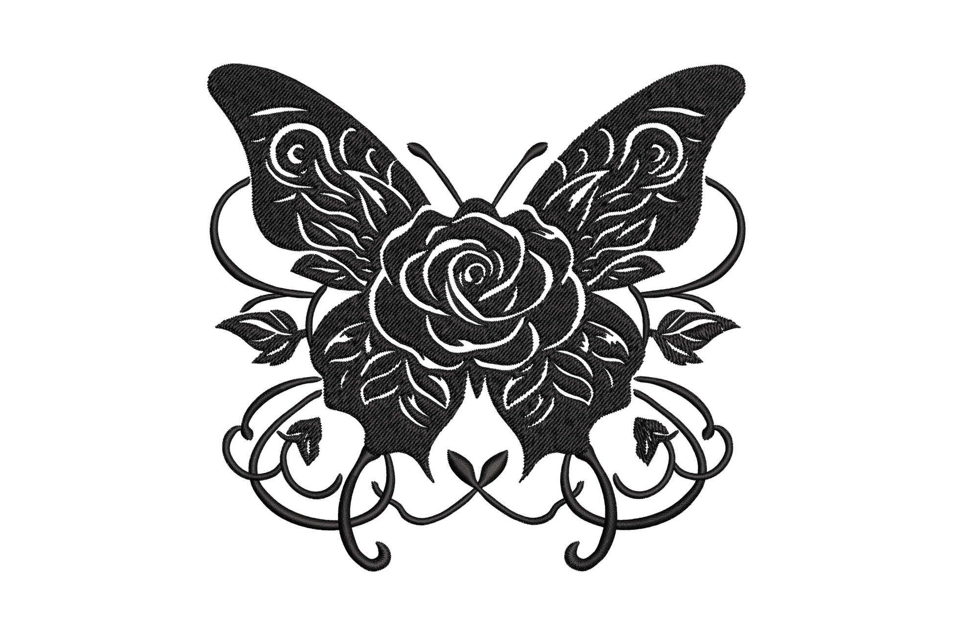 Gothic rose butterfly blackwork embroidery, filled black wings with rose centre and vine scroll tendrils, bold single colour