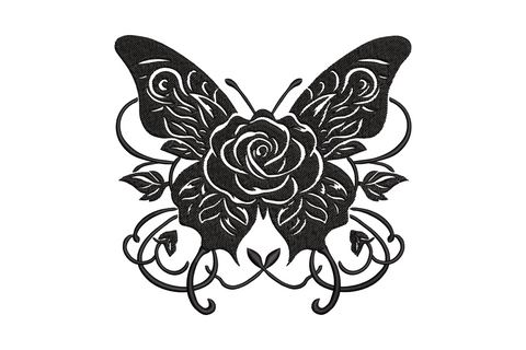 Gothic rose butterfly blackwork embroidery, filled black wings with rose centre and vine scroll tendrils, bold single colour