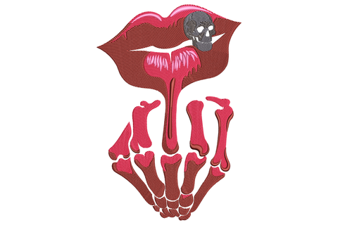 Skeleton hand reaching up holding a pink heart with parted dark pink lips and tiny grey skull above embroidery