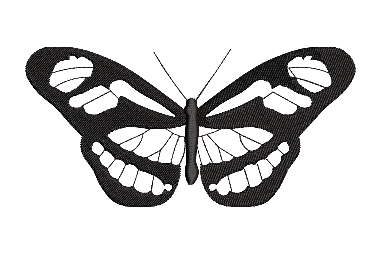 Gothic skull butterfly embroidery design with skull face motifs built into upper wing panels, black single colour, 5 sizes up to 2.91 inches