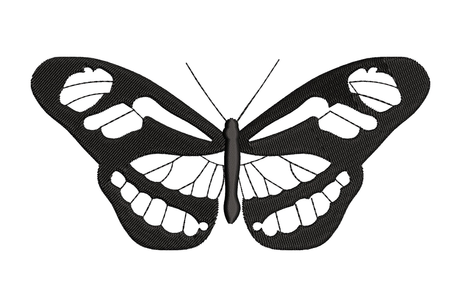 Gothic skull butterfly embroidery design with skull face motifs built into upper wing panels, black single colour, 5 sizes up to 2.91 inches