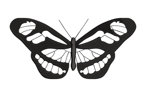 Gothic skull butterfly embroidery design with skull face motifs built into upper wing panels, black single colour, 5 sizes up to 2.91 inches