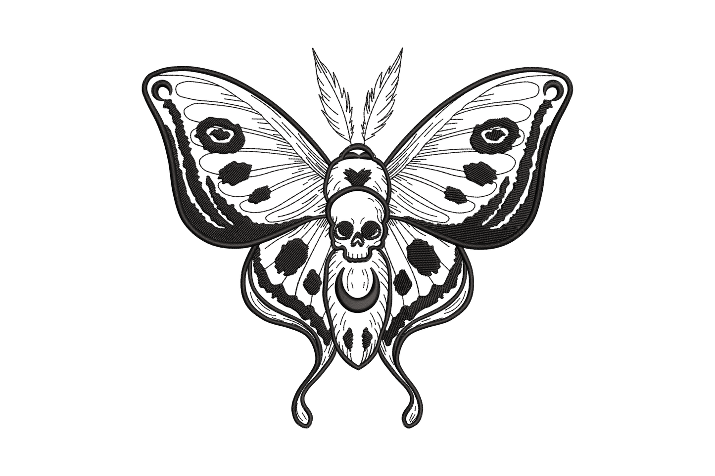 Gothic skull moth embroidery design in solid black, wide spread wings with eye spots and a grinning human skull at centre body, tattoo-style machine embroidery