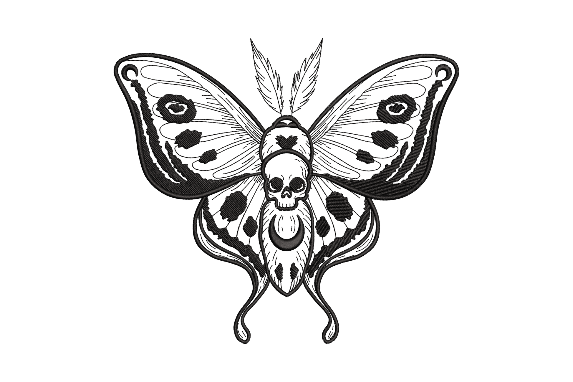 Gothic skull moth embroidery design in solid black, wide spread wings with eye spots and a grinning human skull at centre body, tattoo-style machine embroidery
