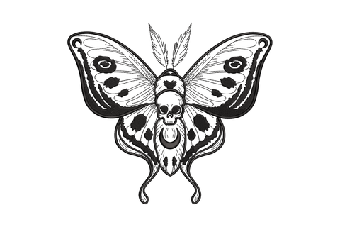 Gothic skull moth embroidery design in solid black, wide spread wings with eye spots and a grinning human skull at centre body, tattoo-style machine embroidery