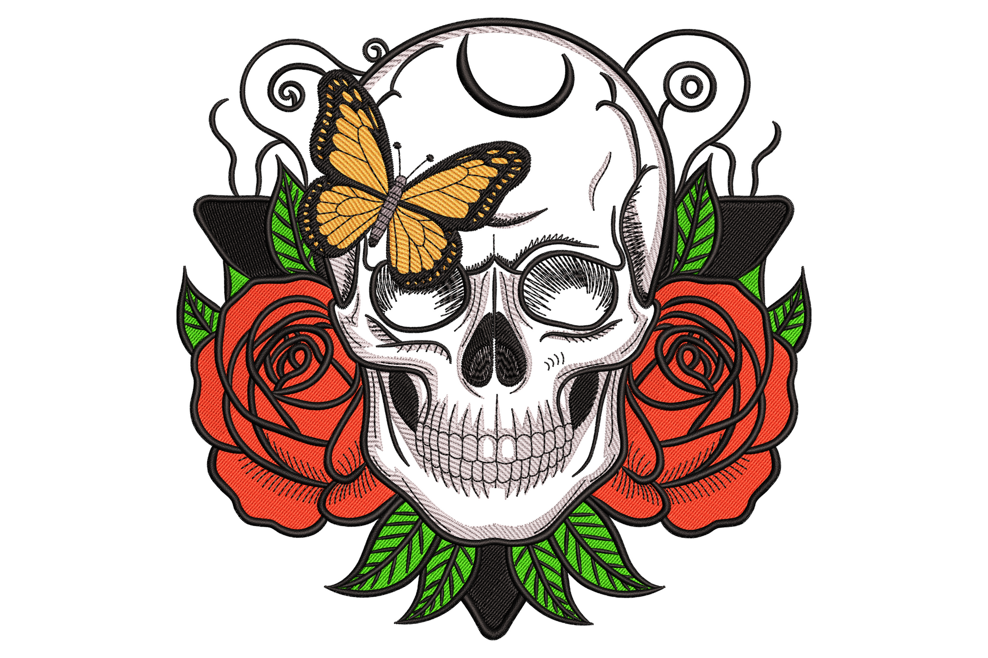 Gothic skull rose butterfly embroidery with white skull, red roses, green leaves and monarch butterfly in tattoo illustration style.