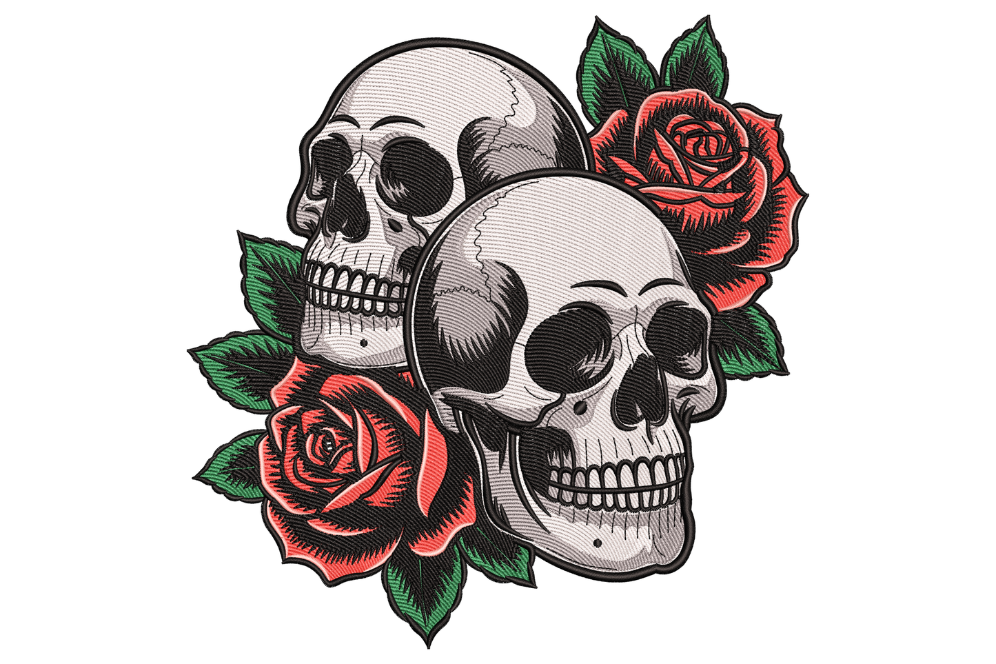 Gothic skull and rose embroidery design, rich crimson rose blooming across off-white skull with shaded eye sockets, dark green leaf accents, bold 6-colour gothic art machine embroidery on black background.