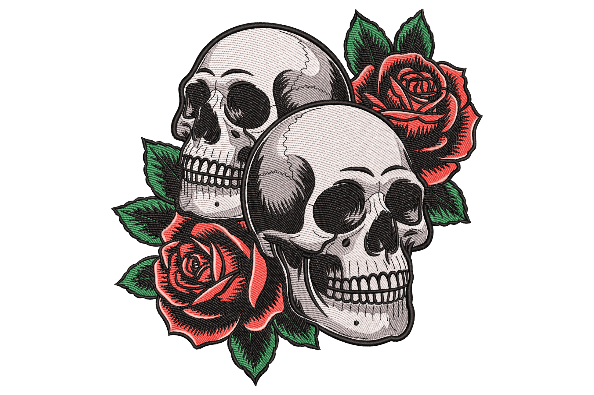 Gothic skull and rose embroidery design, rich crimson rose blooming across off-white skull with shaded eye sockets, dark green leaf accents, bold 6-colour gothic art machine embroidery on black background.