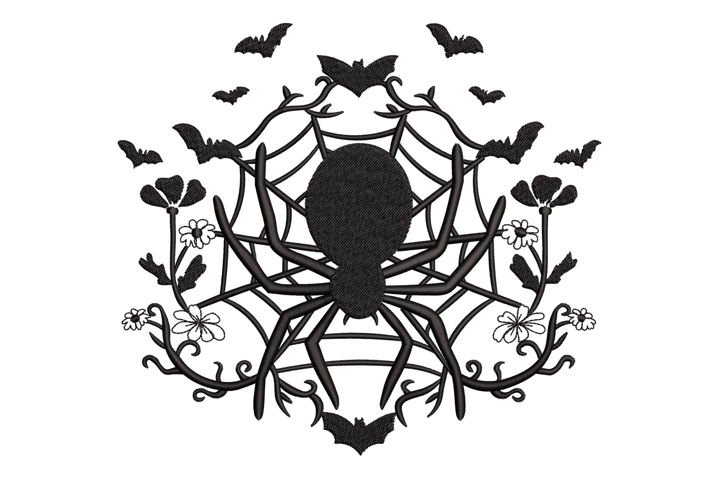 Gothic spider web embroidery, solid black spider with floral vine border and scattered bats, single colour