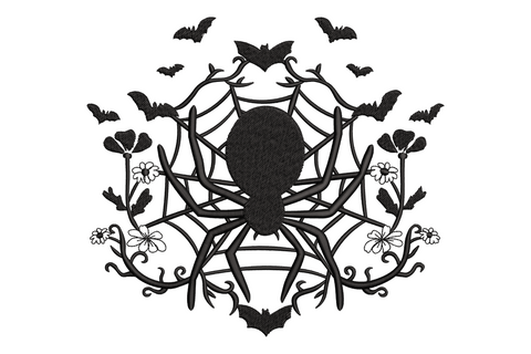 Gothic spider web embroidery, solid black spider with floral vine border and scattered bats, single colour