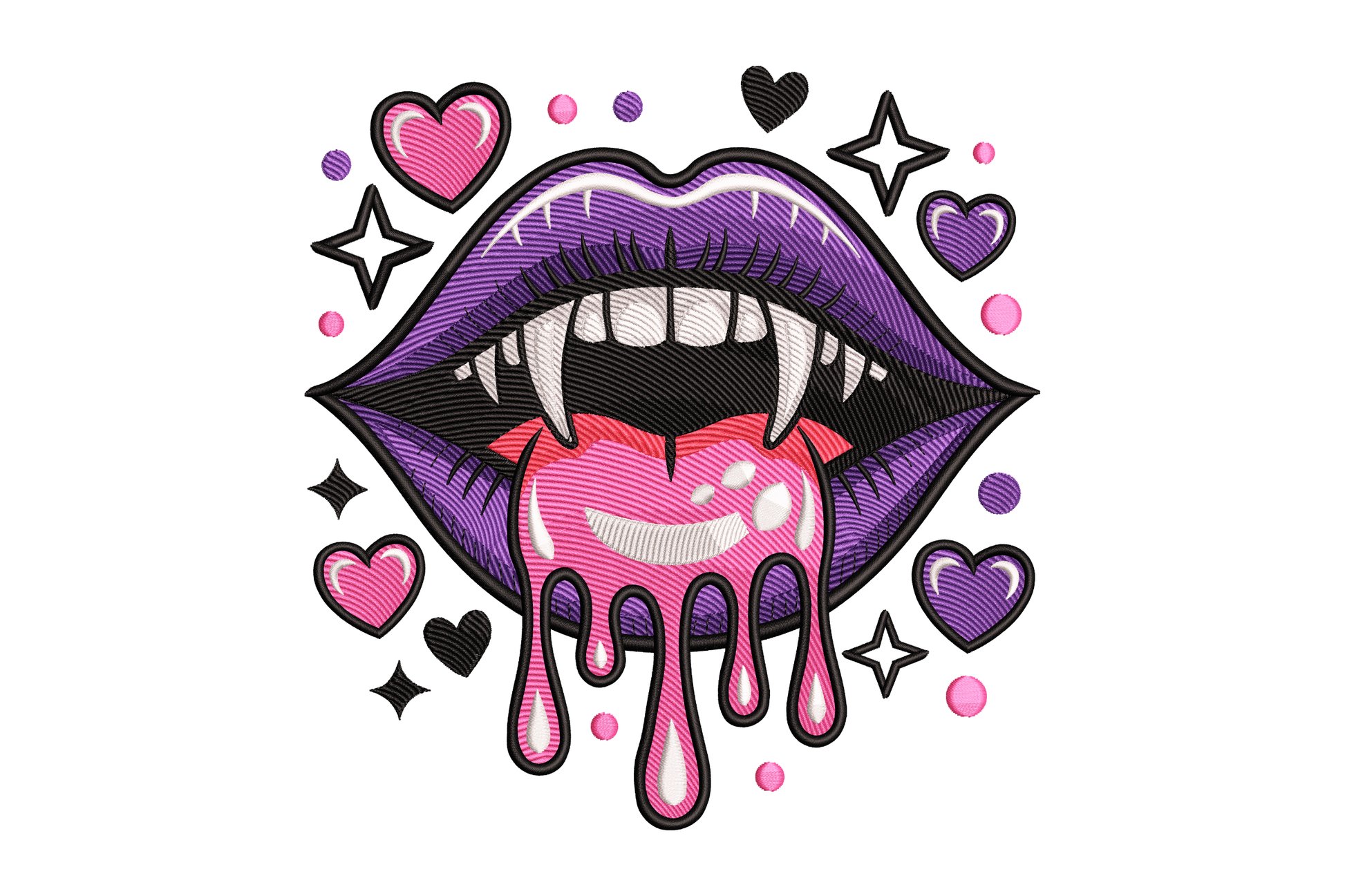 Illustration of a stylized mouth with fangs, pink heart, and stars on a white background