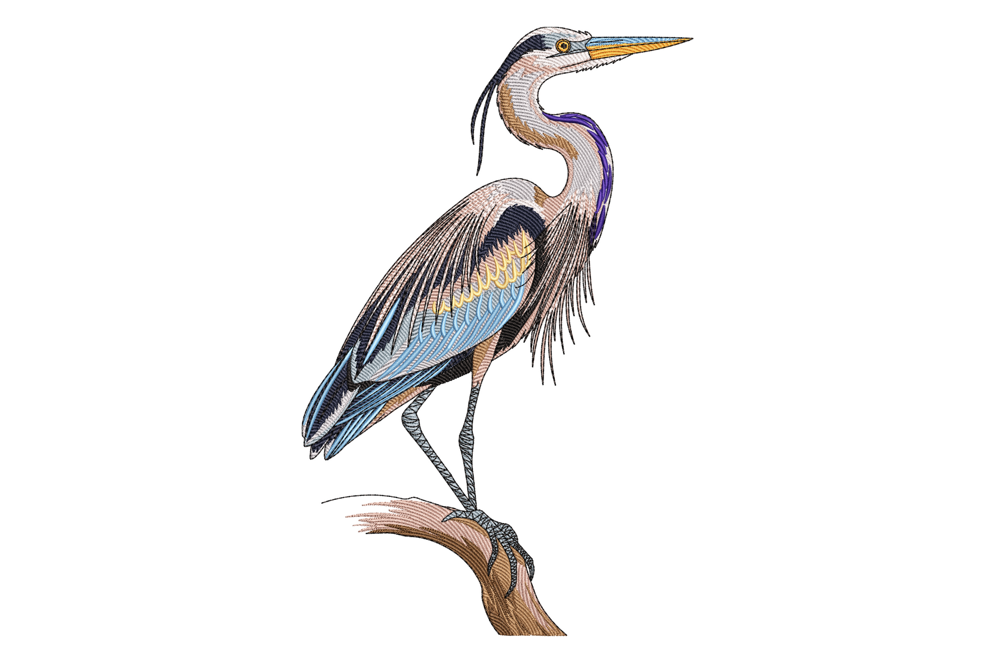 Graceful heron embroidery standing on branch, blue-grey layered feathers, amber eye, orange beak and rusty tan legs.
