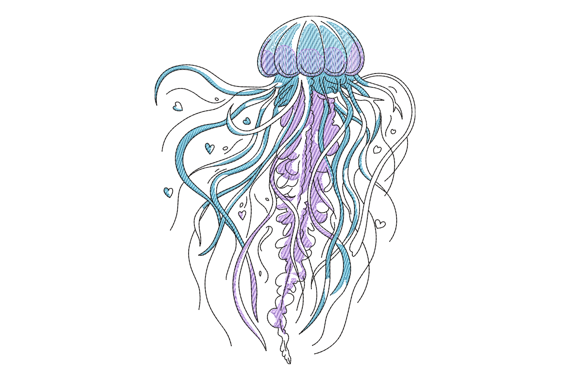 Jellyfish with periwinkle blue dome bell and flowing pale lavender tentacles, three-colour delicate marine embroidery design vertical composition on white fabric.