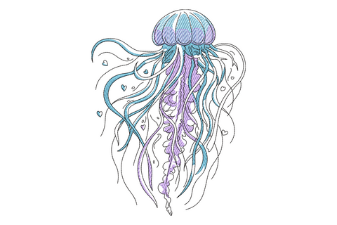 Jellyfish with periwinkle blue dome bell and flowing pale lavender tentacles, three-colour delicate marine embroidery design vertical composition on white fabric.