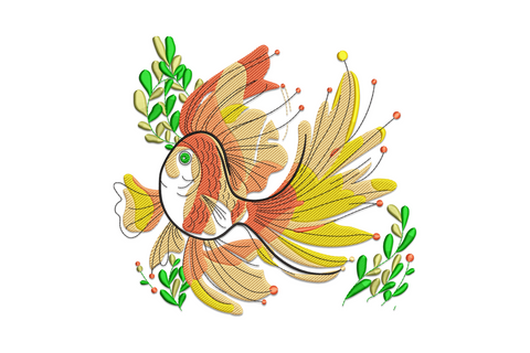 Graceful koi fish embroidery design, flowing fish with fan fins in sandy peach salmon and green, machine embroidery.