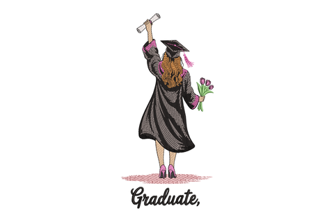 Illustration of a graduate in cap and gown holding a diploma and flowers embroidery design