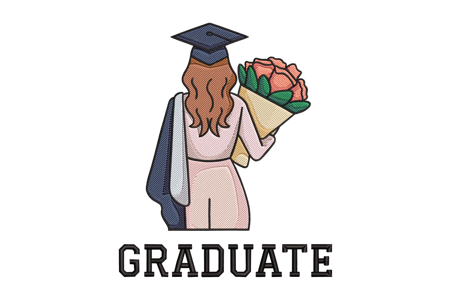 Illustration of a graduate holding flowers with 'GRADUATE' text embroidery design