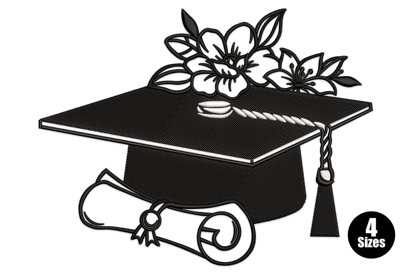 Graduation cap with flowers and diploma embroidery design, 2 colour dense satin fill, 4 sizes from 3.1 to 5.4 inches wide