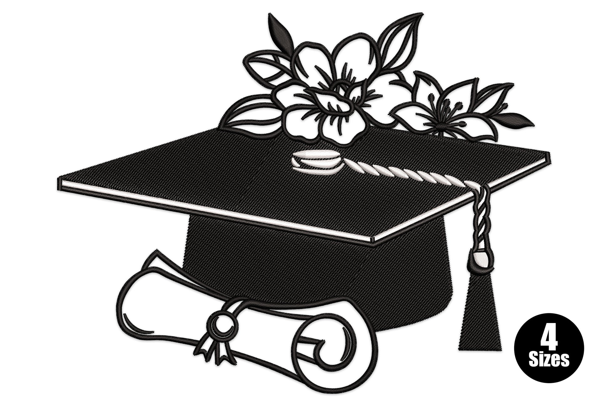 Graduation cap with flowers and diploma embroidery design, 2 colour dense satin fill, 4 sizes from 3.1 to 5.4 inches wide