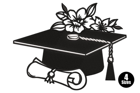 Graduation cap with flowers and diploma embroidery design, 2 colour dense satin fill, 4 sizes from 3.1 to 5.4 inches wide