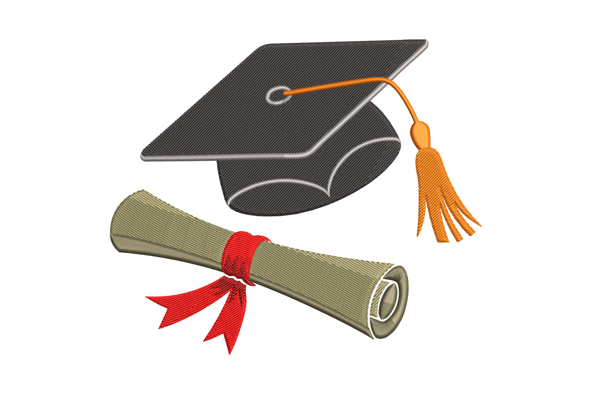Graduation cap and diploma with red ribbon embroidery design