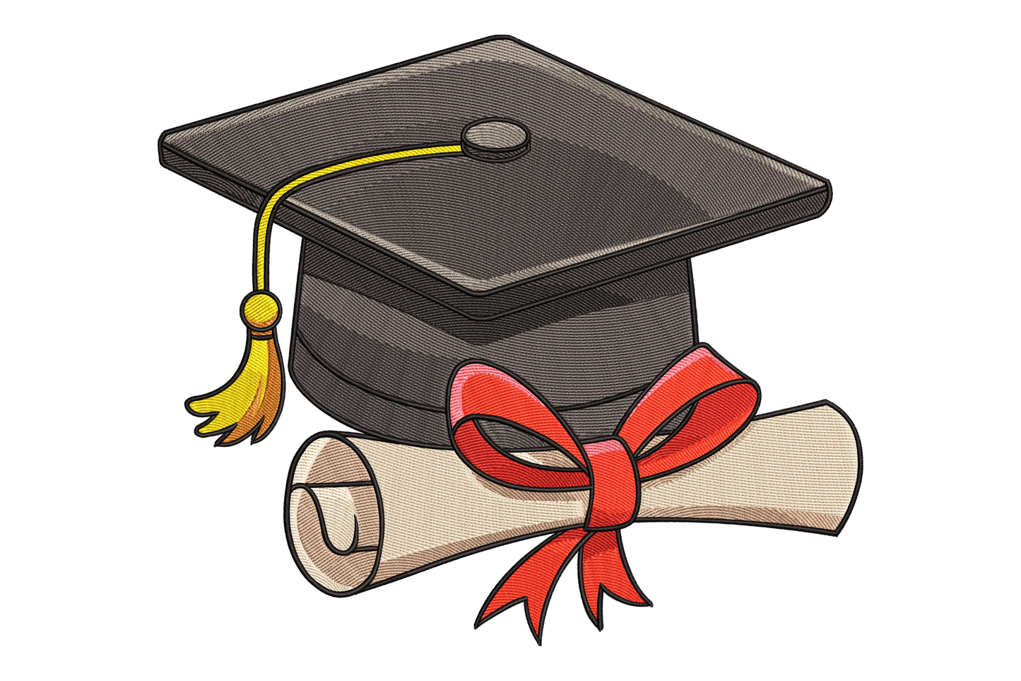 Graduation cap with tassel and diploma with red ribbon on a white background