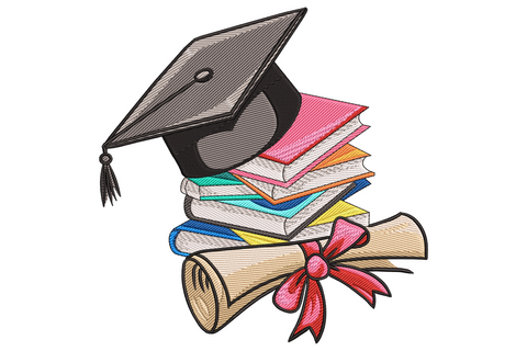 Graduation cap embroidery design with black mortarboard, stacked pink yellow teal books and red-ribboned diploma scroll.
