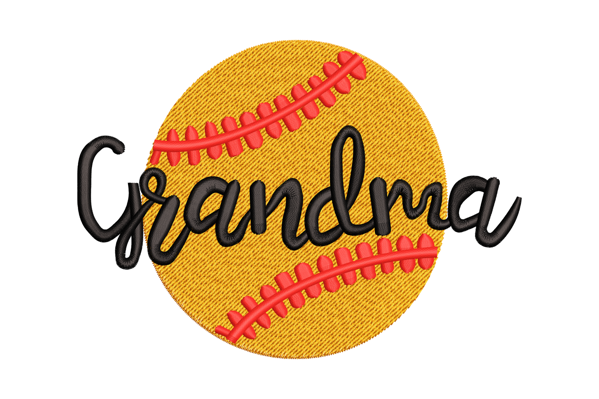 Grandma softball embroidery design with orange satin ball, red cross-stitch seams and black brush-script lettering.
