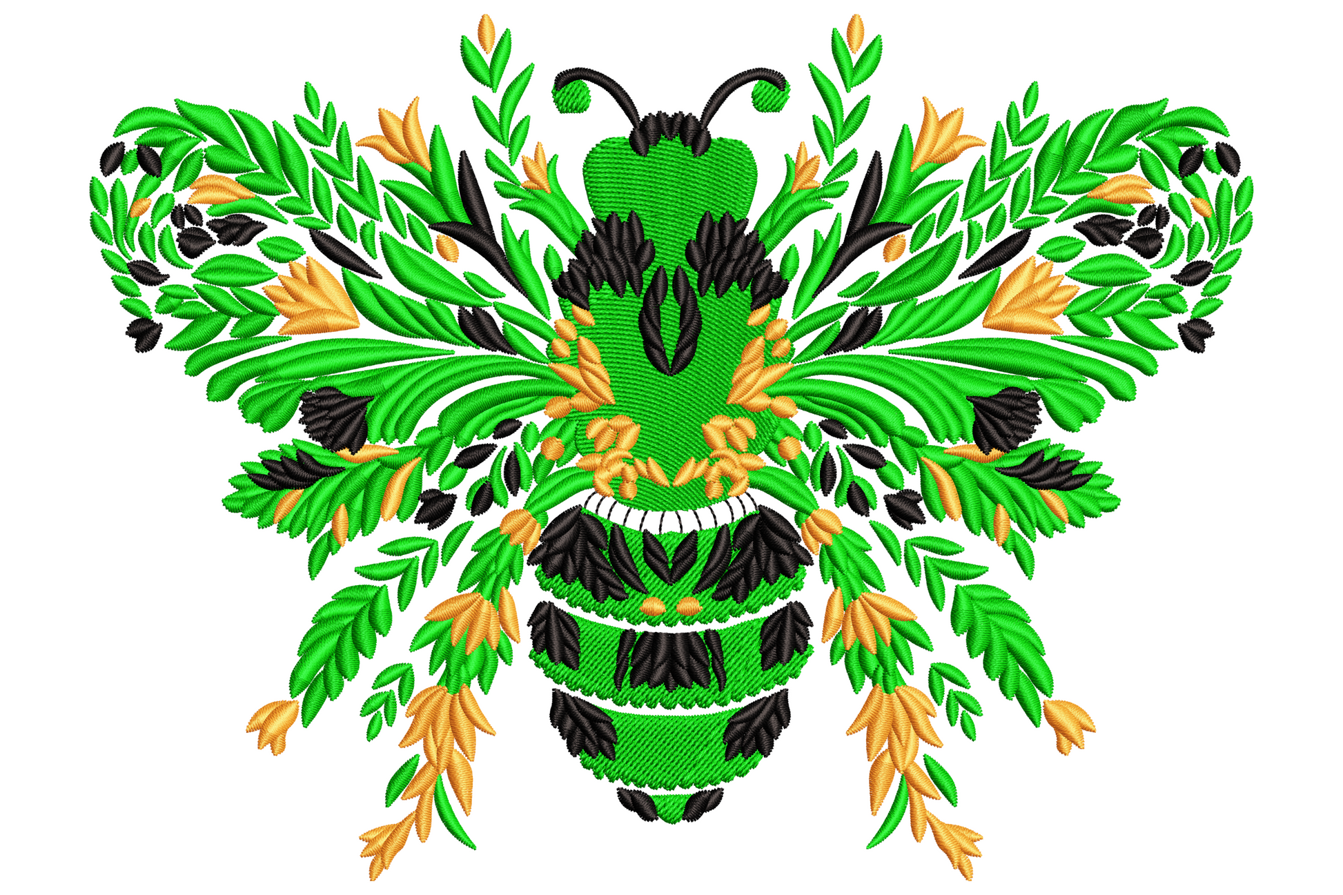 Green bee floral embroidery, botanical bee made of fern fronds in vivid green and gold, black outlines, folk-art style.