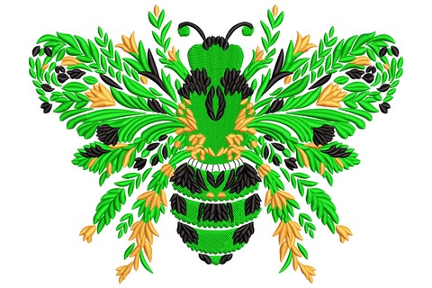 Green bee floral embroidery, botanical bee made of fern fronds in vivid green and gold, black outlines, folk-art style.
