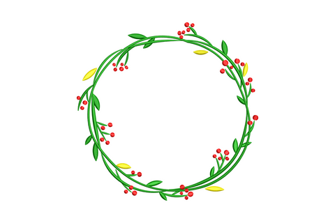 Green berry circle wreath embroidery design with dark green satin leaves, red berry clusters and yellow seed pods in a full botanical ring, 3 colours