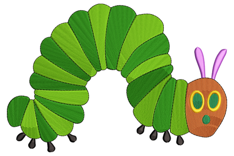 Embroidery design of a chunky green caterpillar with segmented round body and big friendly eyes on white cotton fabric