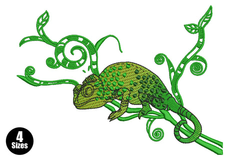 Green chameleon embroidery design perched on a decorative swirling vine, amber-yellow body with dark green scale spots and bright grass-green botanical scrollwork.