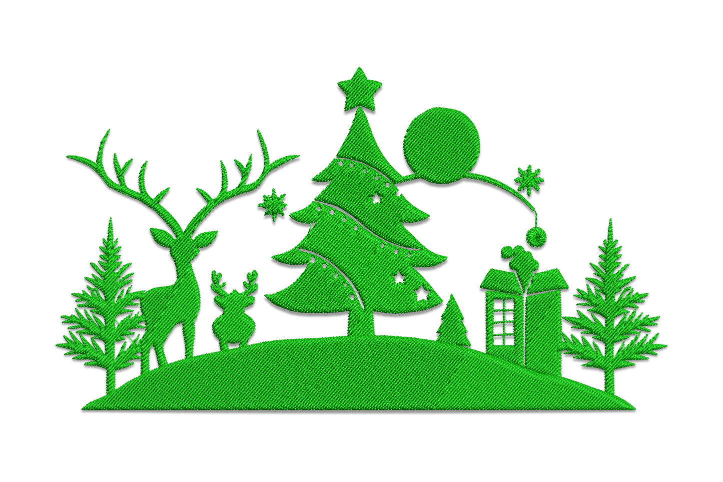 Green Christmas village scene embroidery with adult stag, fawn, decorated tree, garland, and cottage in dark green silhouette