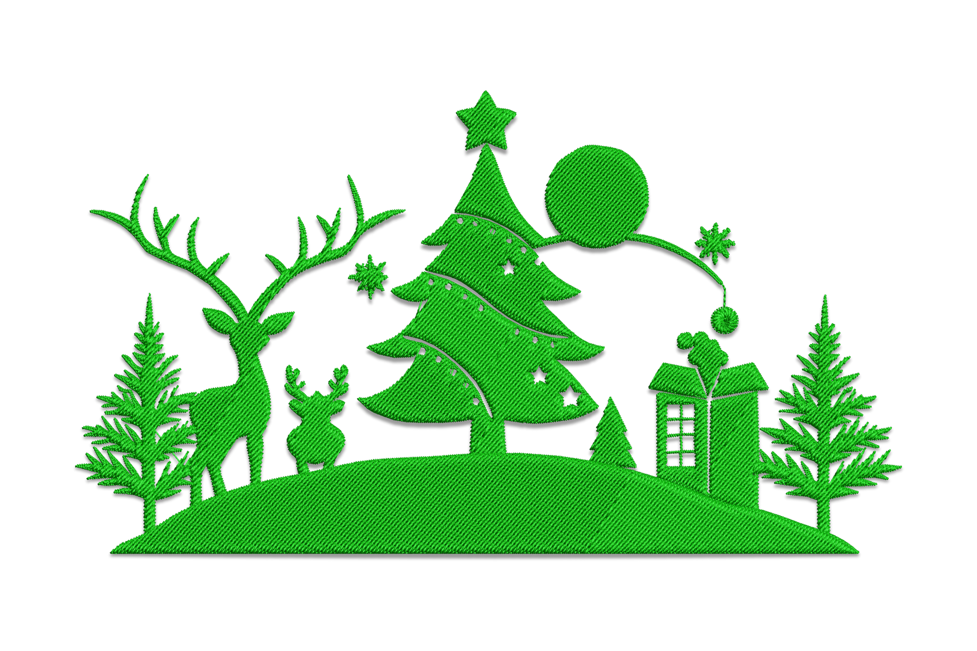 Green Christmas village scene embroidery with adult stag, fawn, decorated tree, garland, and cottage in dark green silhouette