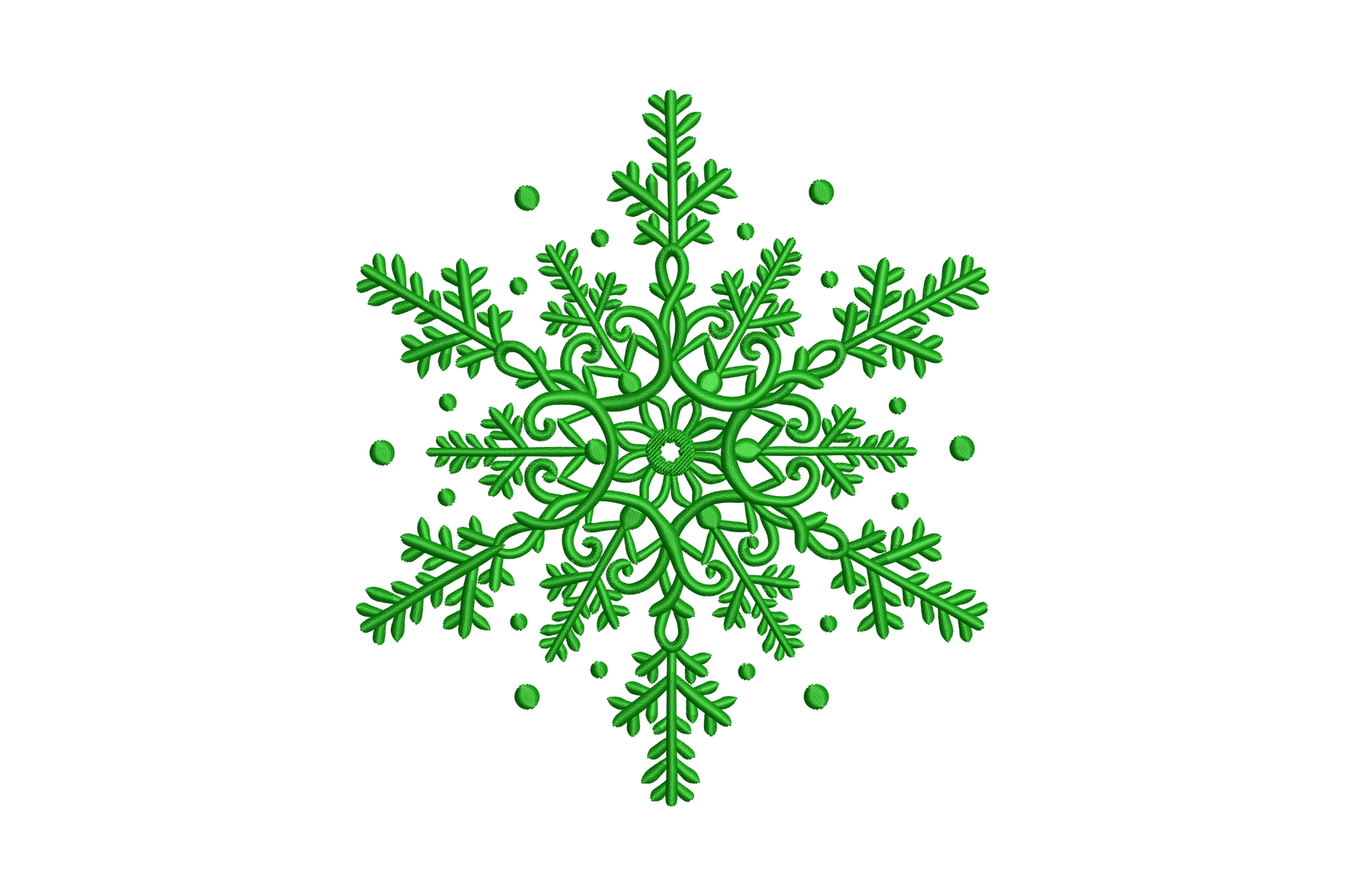 Green Christmas snowflake embroidery, ornate scrollwork centre and feathered fern arms in satin stitch, 5 sizes single colour