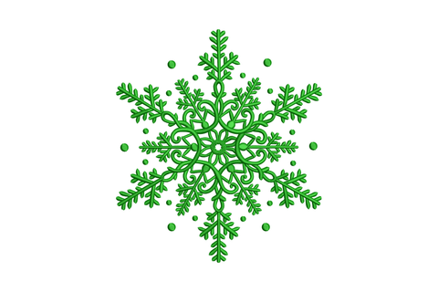 Green Christmas snowflake embroidery, ornate scrollwork centre and feathered fern arms in satin stitch, 5 sizes single colour